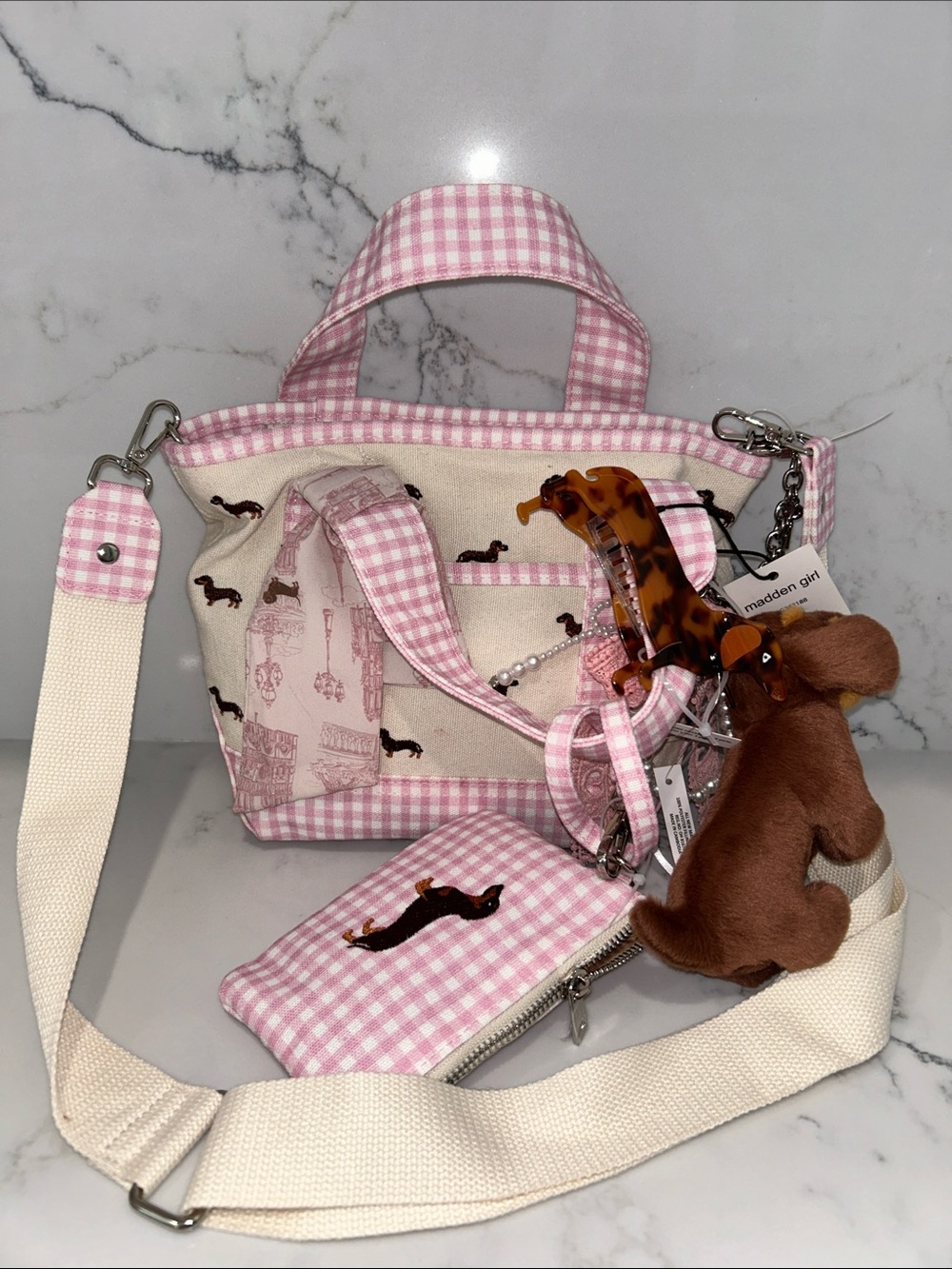 Viral Madden Girl Dachshund Pink Gingham Canvas Tote Bag